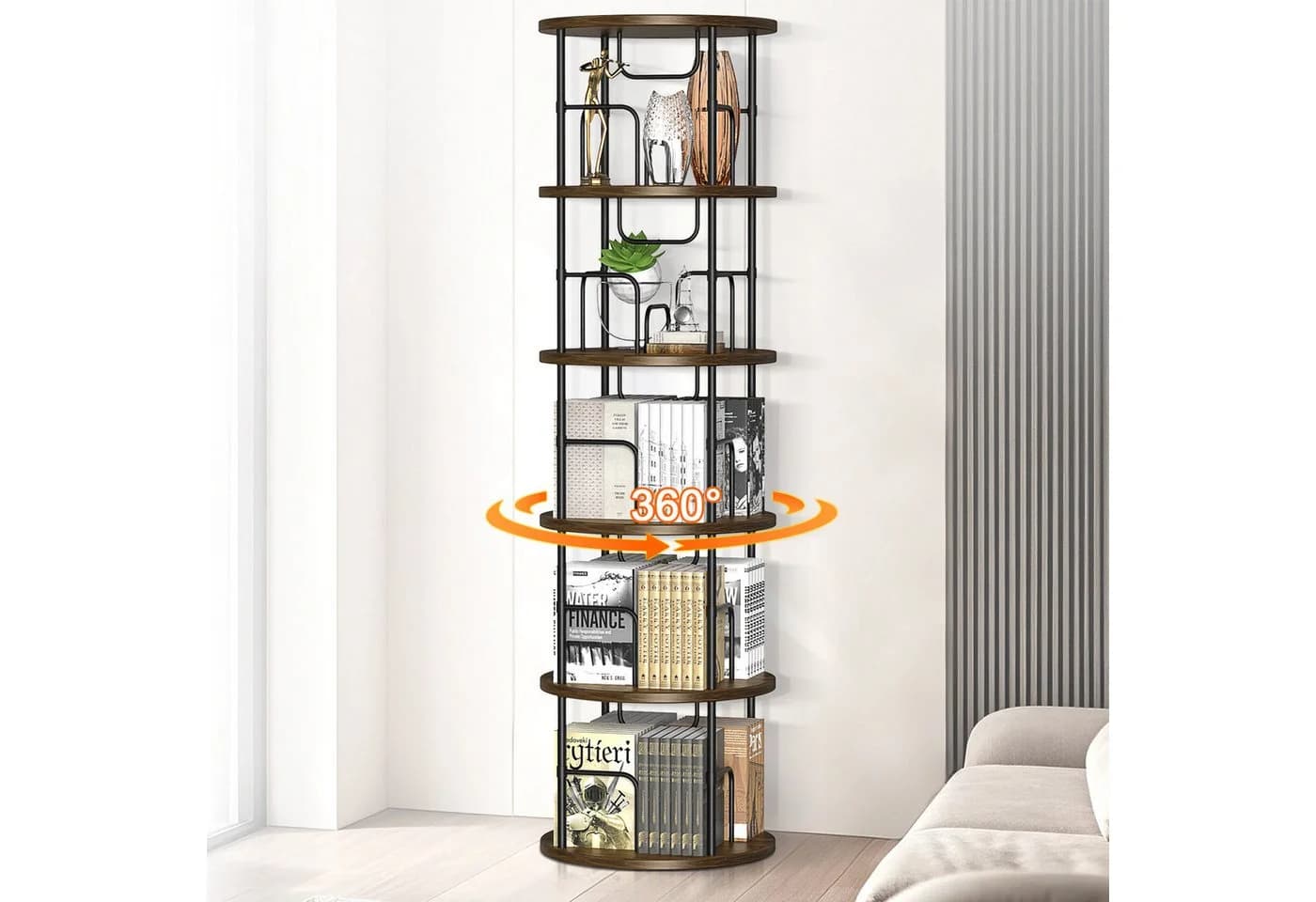 XERSEK Bücherregal 360° Drehbar 5 Ebenen Braun Holzmaserung - Bild 2