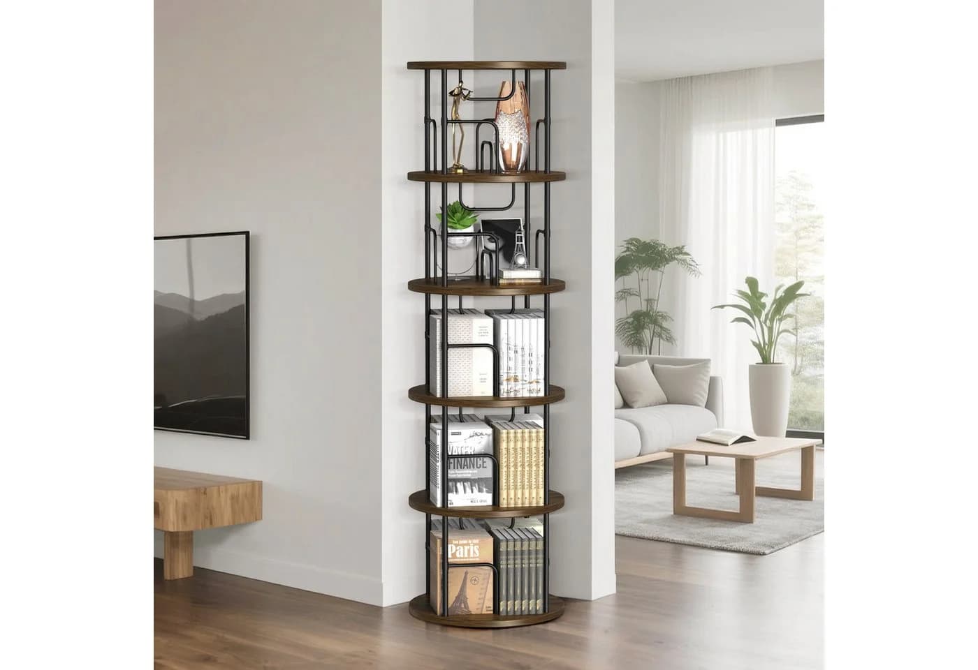 XERSEK Bücherregal 360° Drehbar 5 Ebenen Braun Holzmaserung - Bild 3