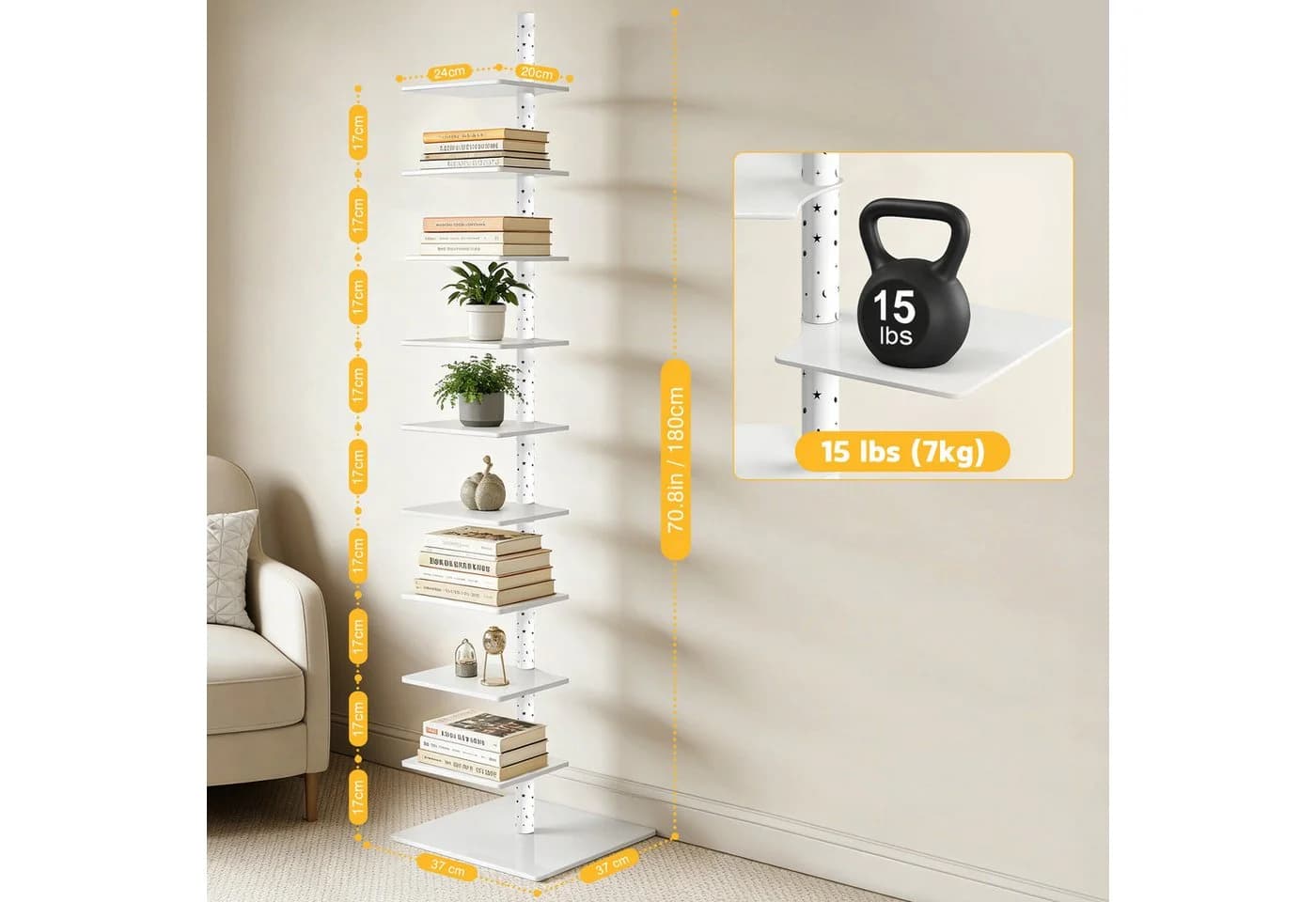 XERSEK Bücherregal 9 Ebenen Weiß mit LED-Sternenlicht