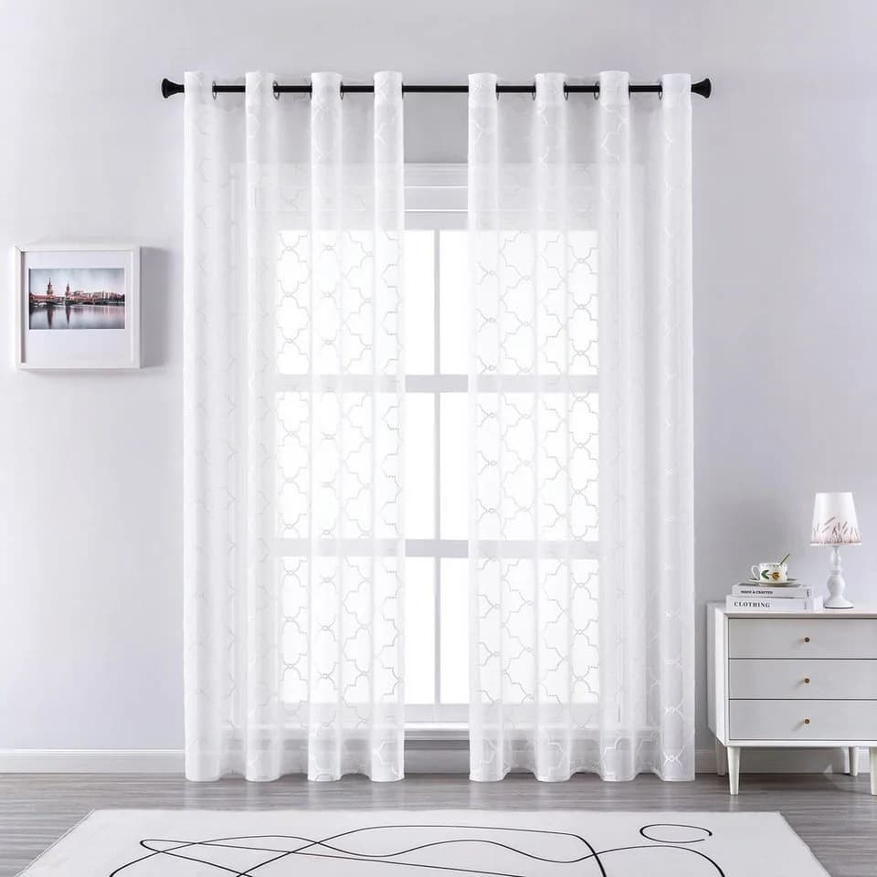 Sunicol Vorhang 2er Set Voile Gardinen Weiß Bestickt mit Ösen