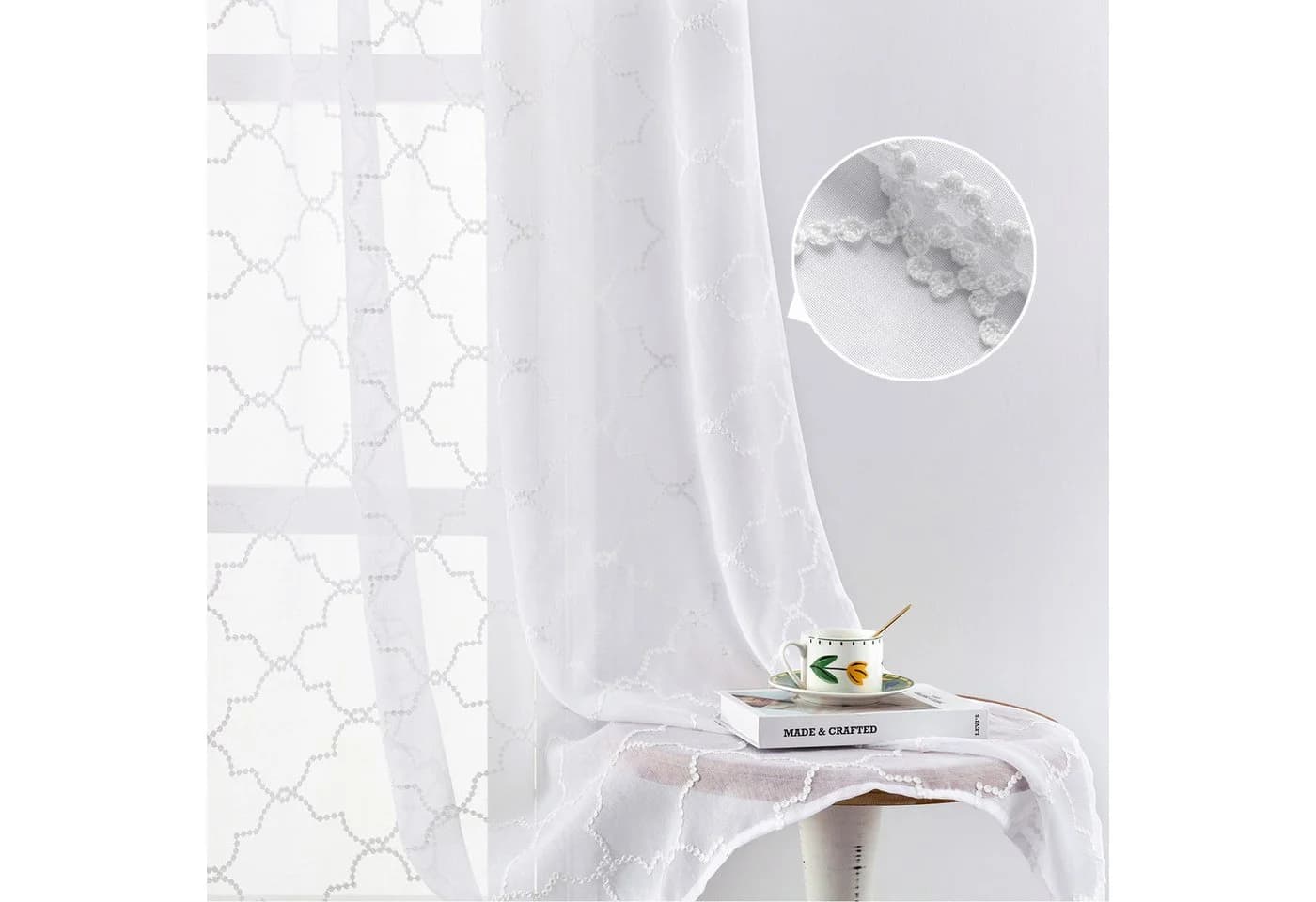 Sunicol Vorhang 2er Set Voile Gardinen Weiß Bestickt mit Ösen - Bild 2