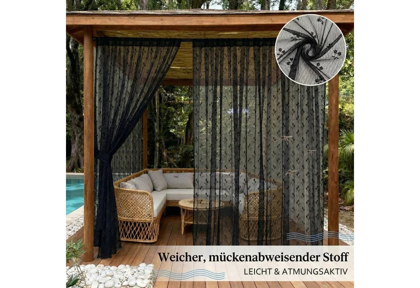 Sunicol Floraler Outdoor Vorhang Moskitonetz mit Tunnelzug Schwarz