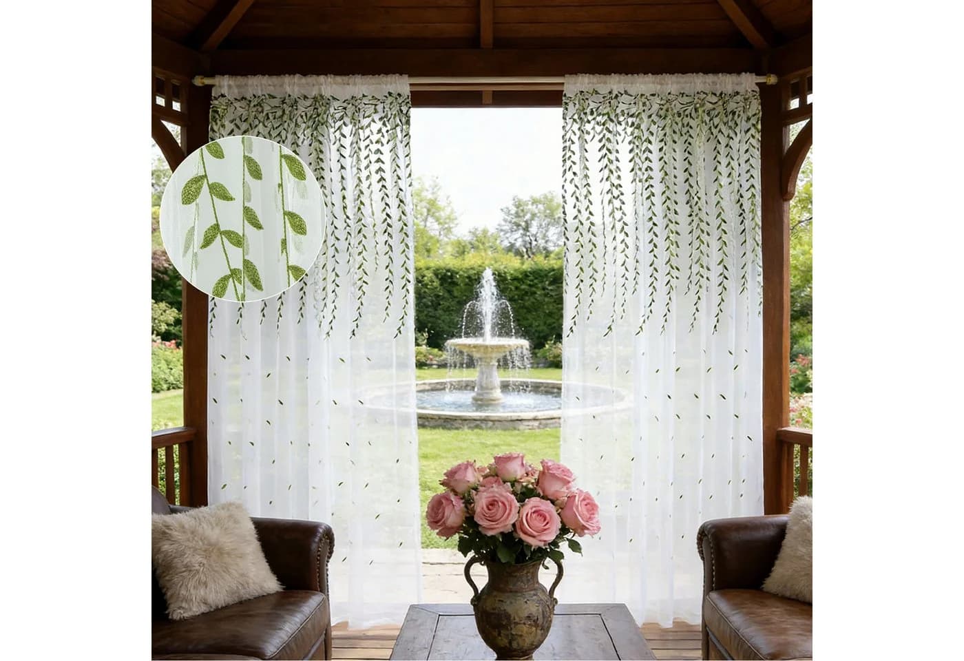 Sunicol Vorhang 2er Set Besticktes Rankenblatt Transparent Voile Weiß