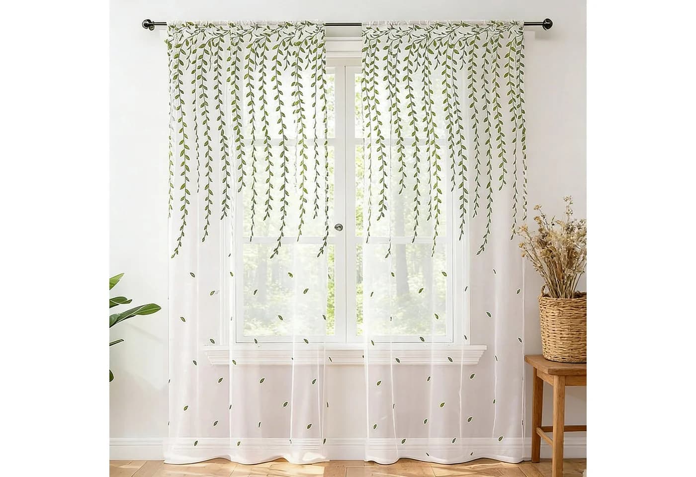 Sunicol Vorhang 2er Set Besticktes Rankenblatt Transparent Voile Weiß - Bild 2