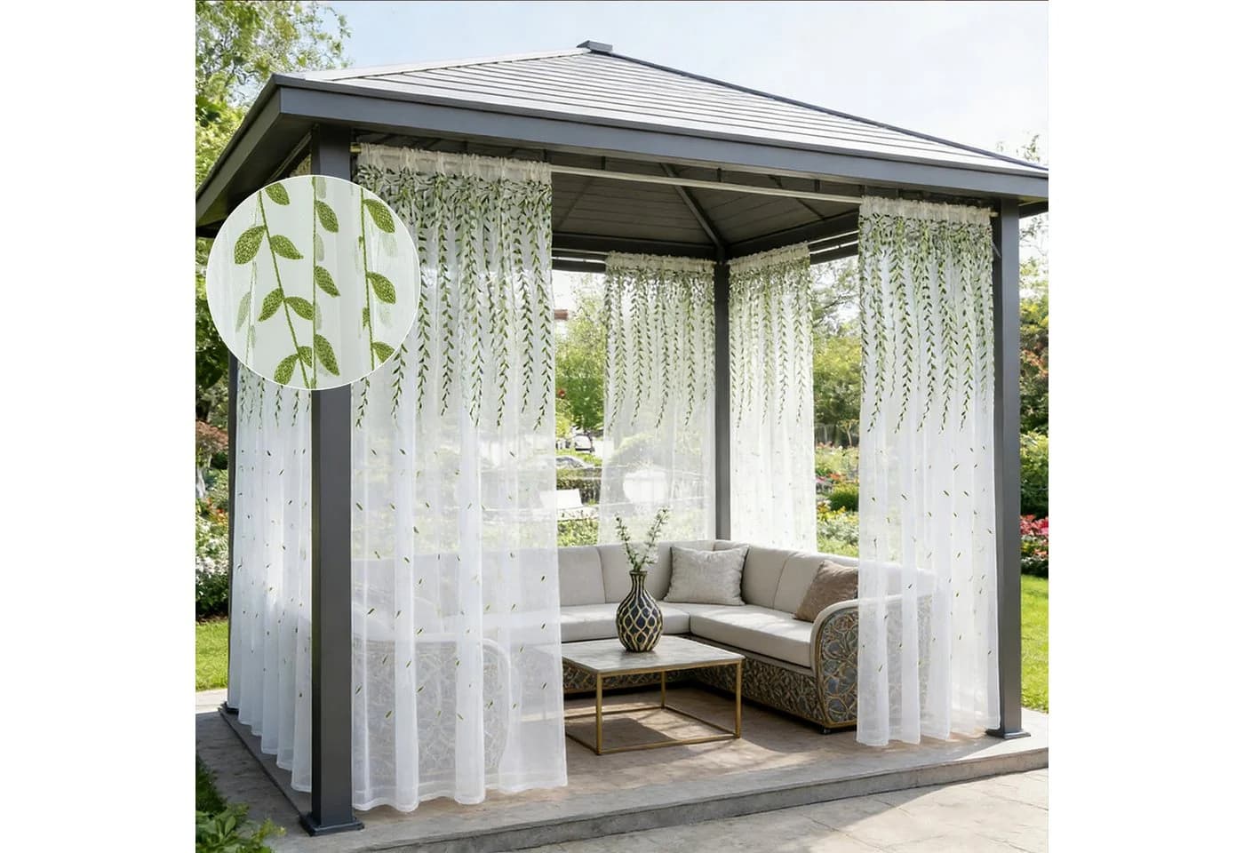 Sunicol Vorhang 2er Set Besticktes Rankenblatt Transparent Voile Weiß - Bild 3