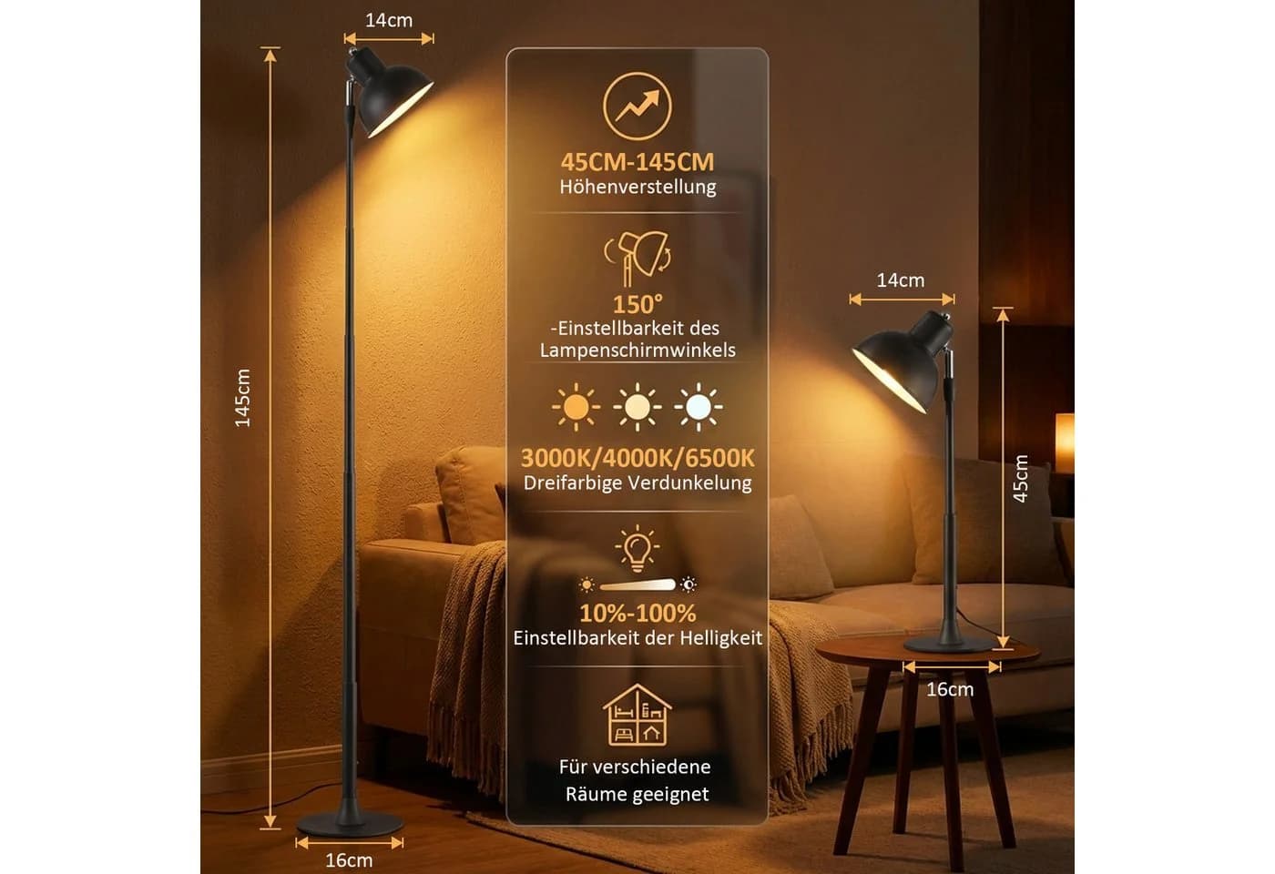 Sunicol Stehlampe Dimmbar Schwarz Höhenverstellbar LED