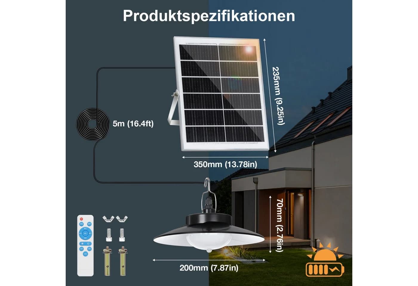 Rosnek LED Solarleuchte IP65 Dimmbar mit Bewegungssensor & 5m Kabel
