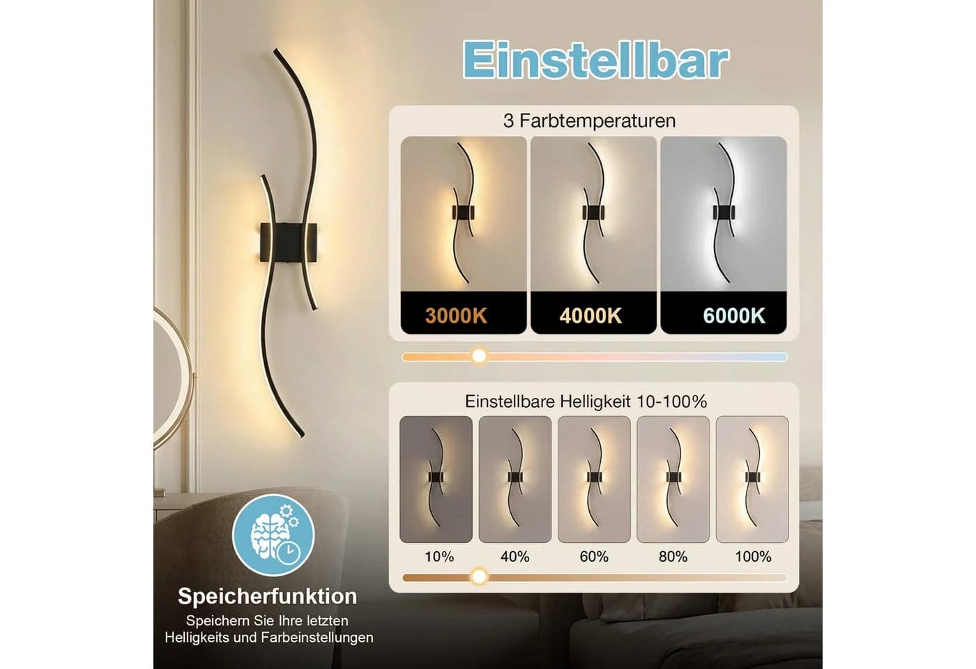 Lapalife Wandleuchte Kabellos Dimmbar Schwarz/Gold LED - Bild 3