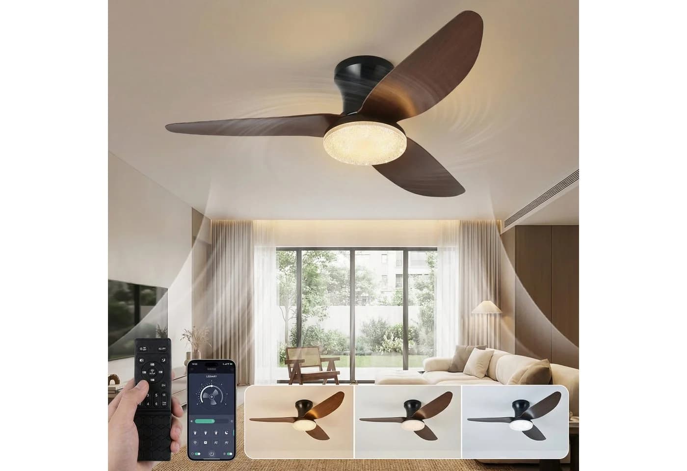 Sunicol Deckenventilator mit LED-Beleuchtung, Dimmbar, 6-Gang, Schwarz/Braun - Bild 2
