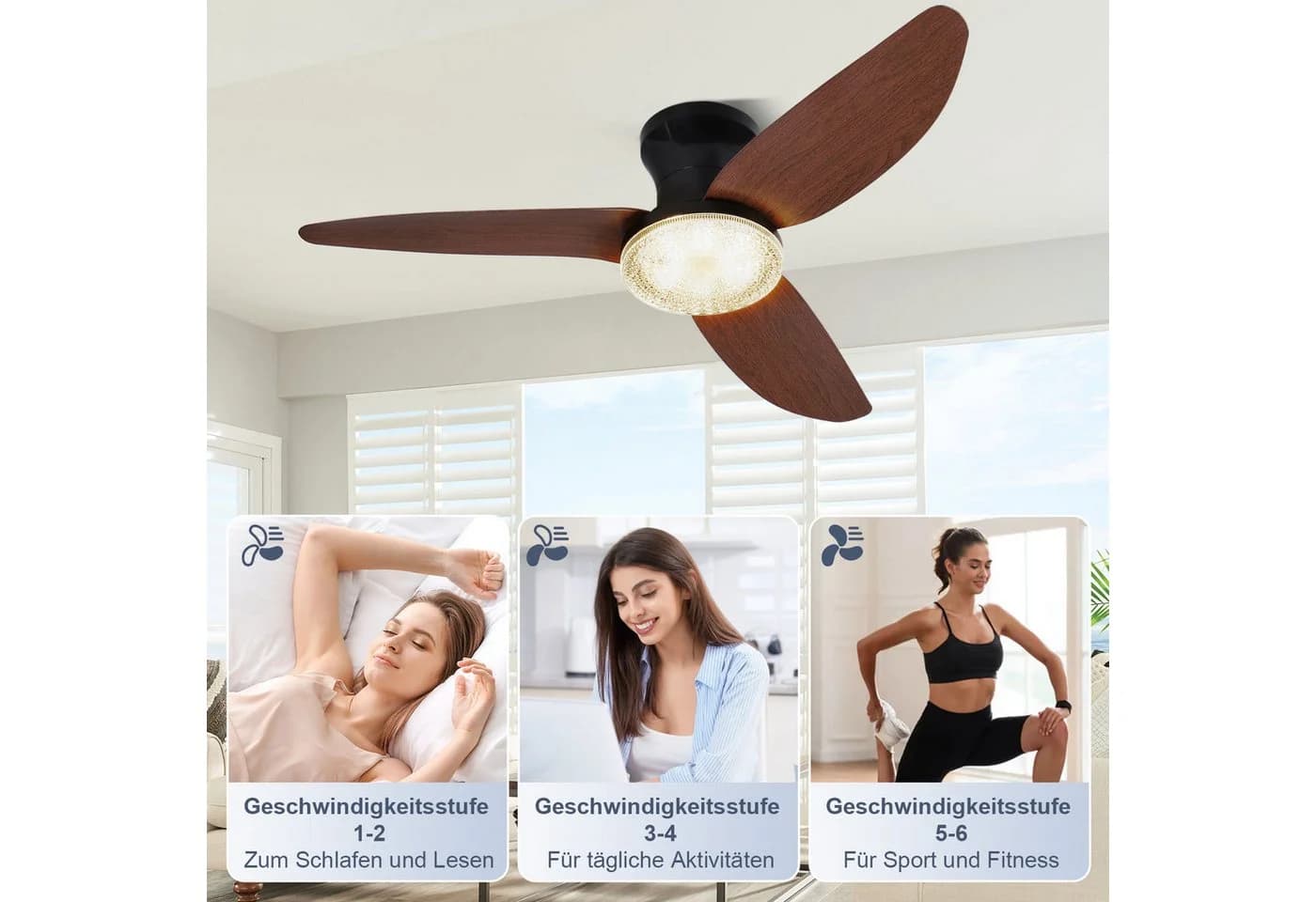 Sunicol Deckenventilator mit LED-Beleuchtung, Dimmbar, 6-Gang, Schwarz/Braun - Bild 4