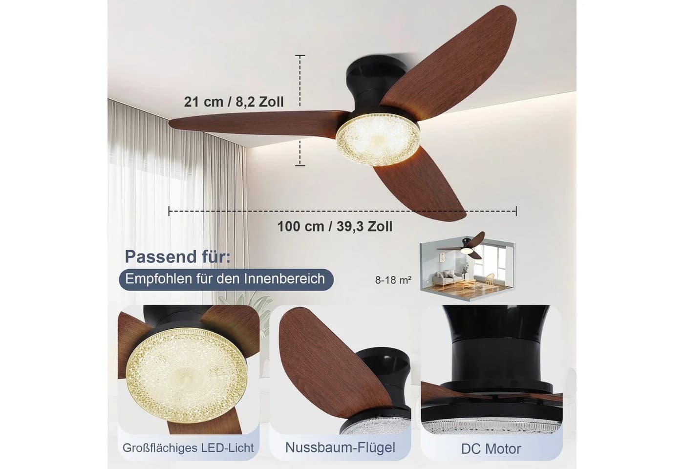Sunicol Deckenventilator mit LED-Beleuchtung, Dimmbar, 6-Gang, Schwarz/Braun - Bild 5