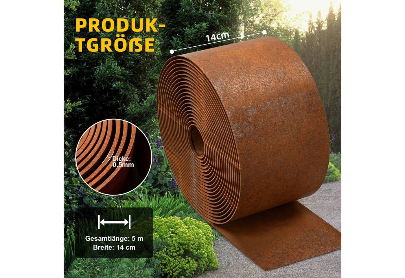 QUBEBU Beetumrandung 5M Rasenkante Metall Rostfarbe
