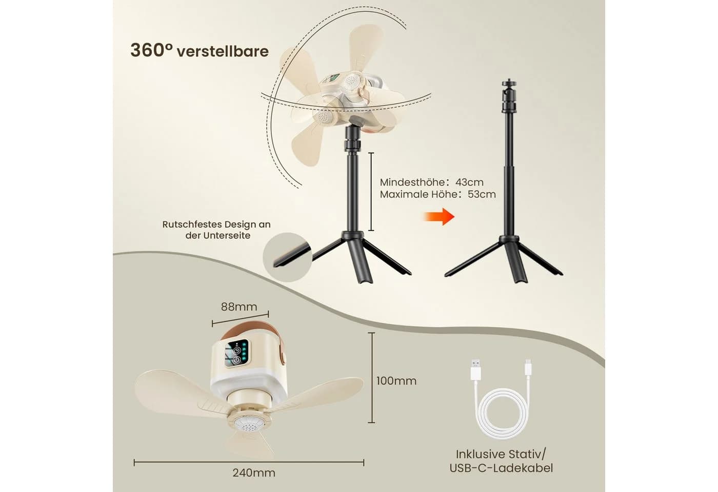 Lapalife Deckenventilator Akku mit LED Licht Gelb