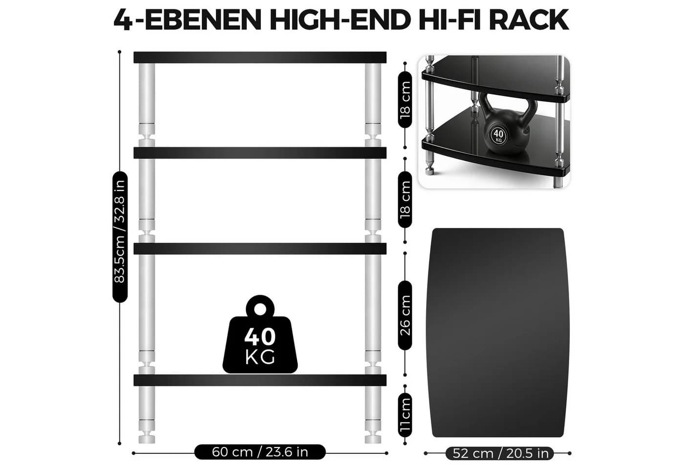 XERSEK HiFi Regal 4-stöckig Schwarz Klavierlack