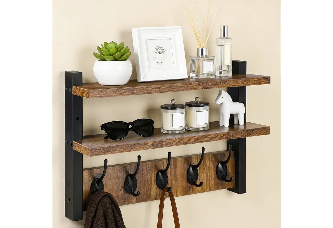 JOYOLEDER Wandgarderobe Holz mit 2 Ablagen & 5 Haken Retro Braun - Bild 2
