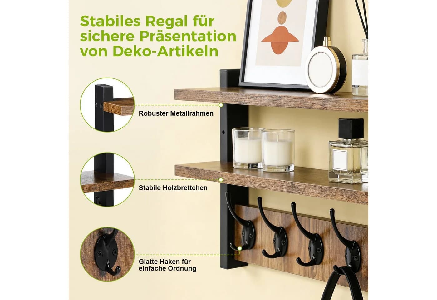 JOYOLEDER Wandgarderobe Holz mit 2 Ablagen & 5 Haken Retro Braun - Bild 3