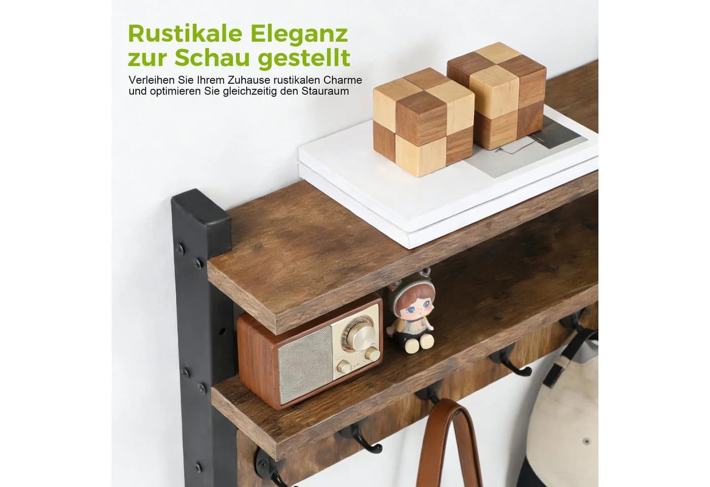 JOYOLEDER Wandgarderobe Holz mit 2 Ablagen & 5 Haken Retro Braun - Bild 4
