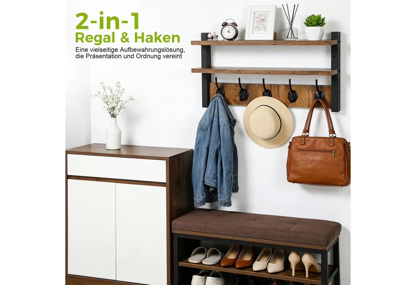 JOYOLEDER Wandgarderobe Holz mit 2 Ablagen & 5 Haken Retro Braun - Bild 5