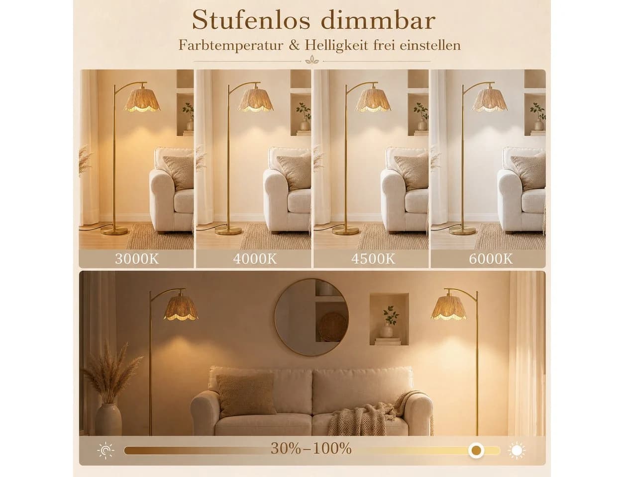 Sunicol Stehlampe Boho Dimmbar mit Fernbedienung Gold