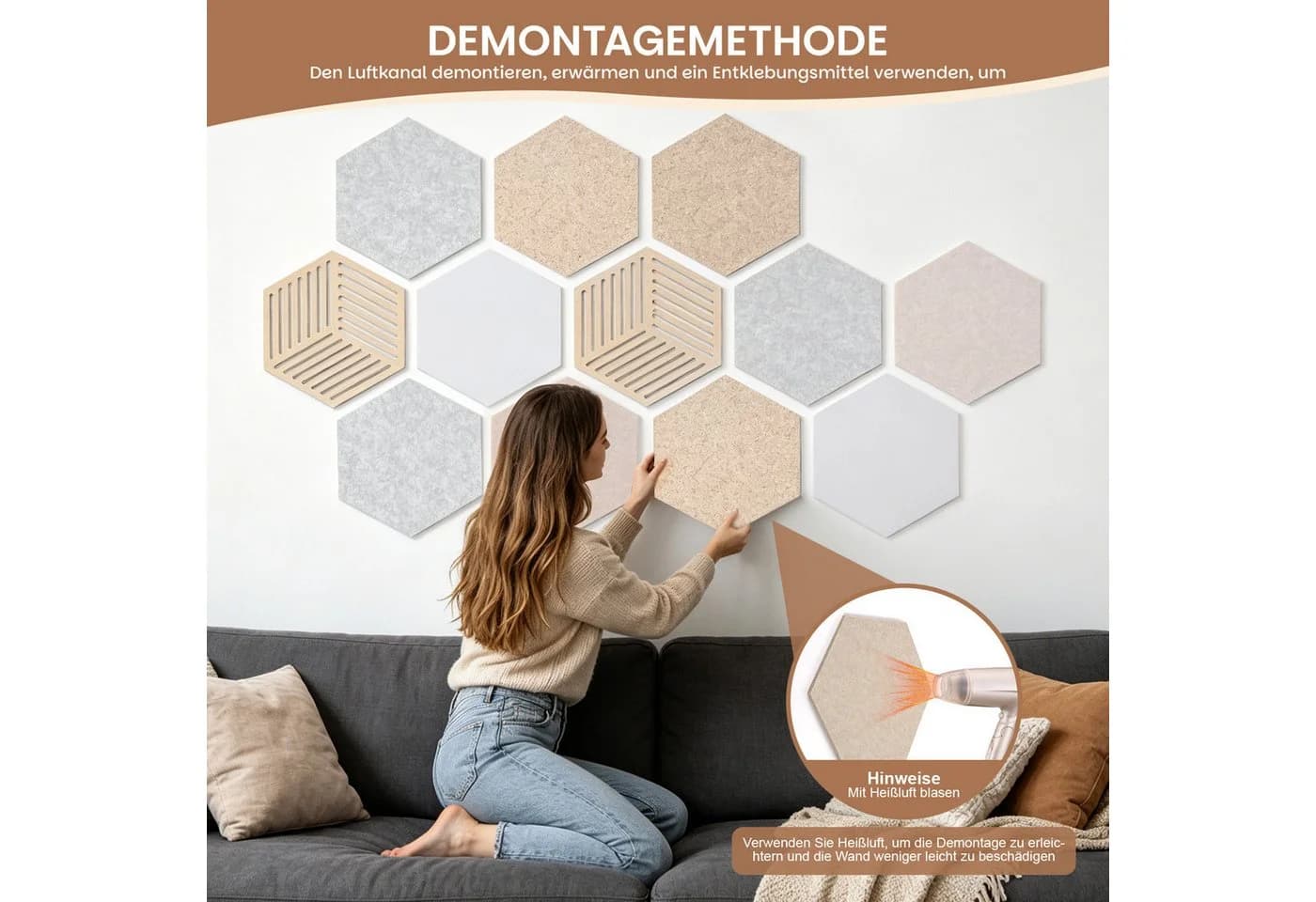 QUBEBU Filz Pinnwand 12-tlg. Selbstklebend Hexagon Beige/Grau/Weiß - Bild 4