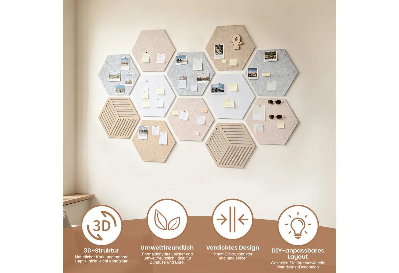 QUBEBU Filz Pinnwand 12-tlg. Selbstklebend Hexagon Beige/Grau/Weiß - Bild 5