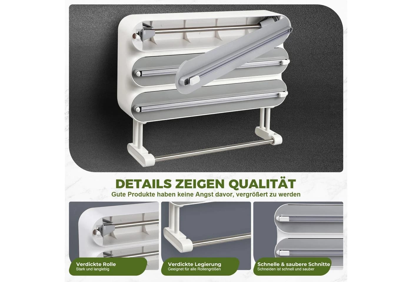 QUBEBU Wandrollenhalter 4-in-1 Grau/Schwarz mit Folienschneider - Bild 5
