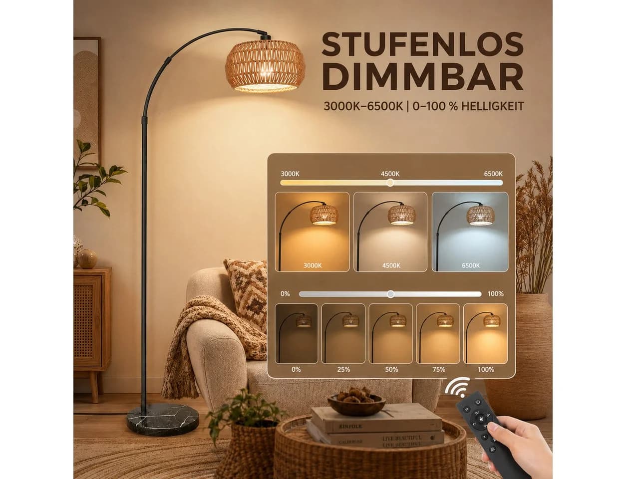 Sunicol Stehlampe Dimmbar Rattan Marmorsockel Höhenverstellbar Schwarz