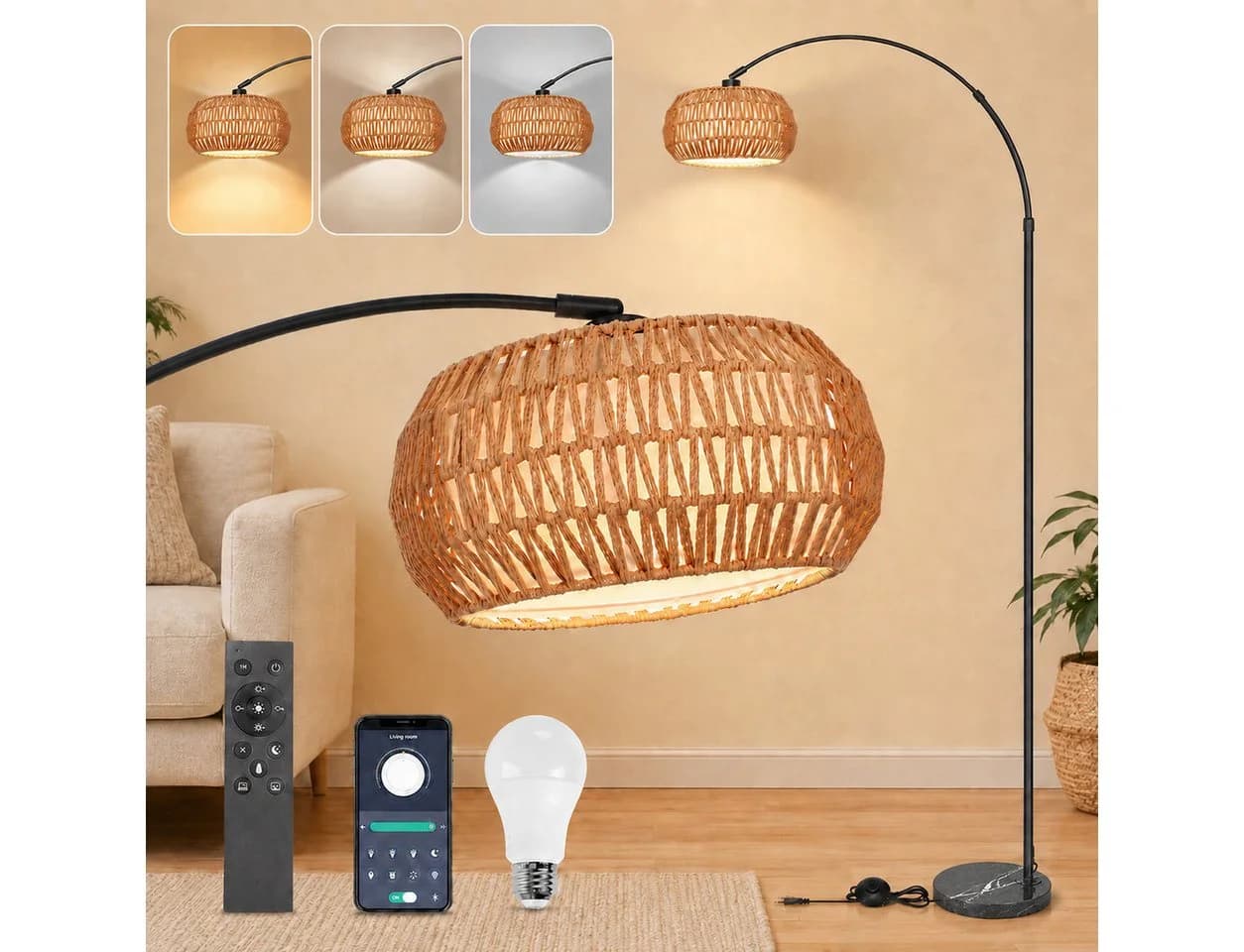 Sunicol Stehlampe Dimmbar Rattan Marmorsockel Höhenverstellbar Schwarz - Bild 2