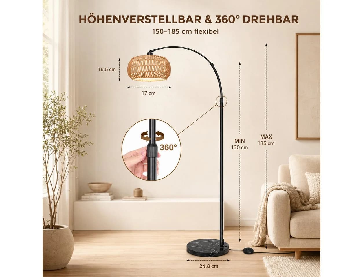 Sunicol Stehlampe Dimmbar Rattan Marmorsockel Höhenverstellbar Schwarz - Bild 3