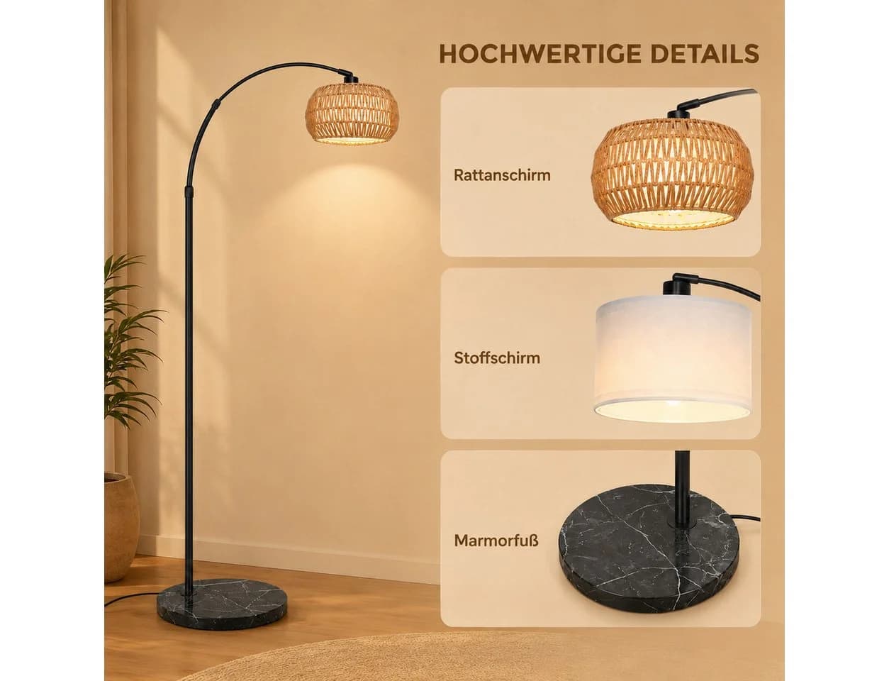 Sunicol Stehlampe Dimmbar Rattan Marmorsockel Höhenverstellbar Schwarz - Bild 5