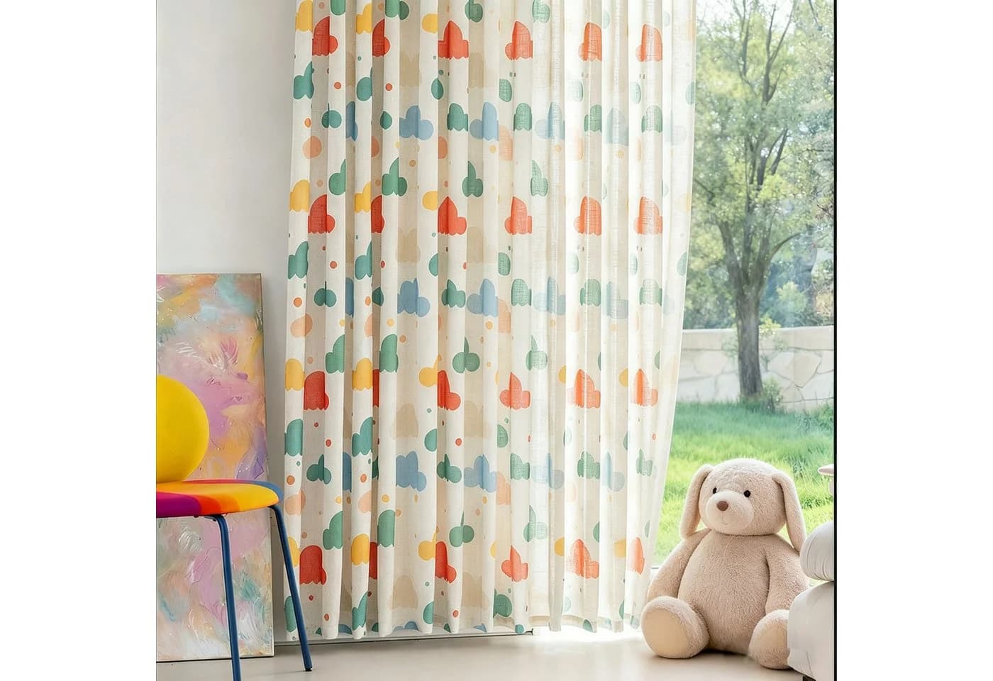 Sunicol Gardine Kinderzimmer Wolkenmuster mit Pompons 2er Set Polyester - Bild 2