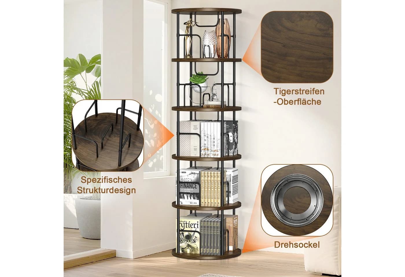 XERSEK Bücherregal 5 Ebenen 360° Drehbar Braun - Bild 3