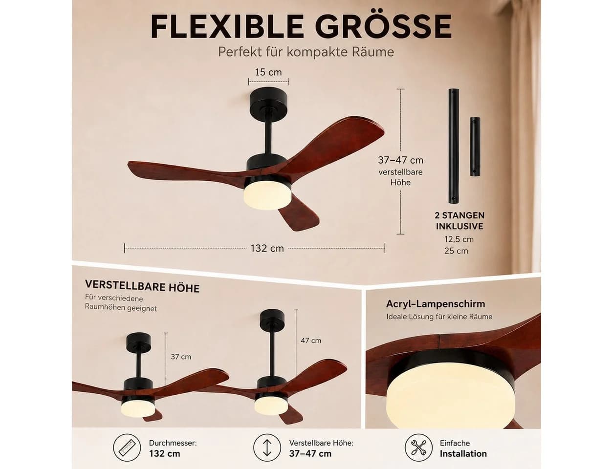 Lapalife Deckenventilator mit LED-Beleuchtung, 132 cm, Holzflügel, Schwarz