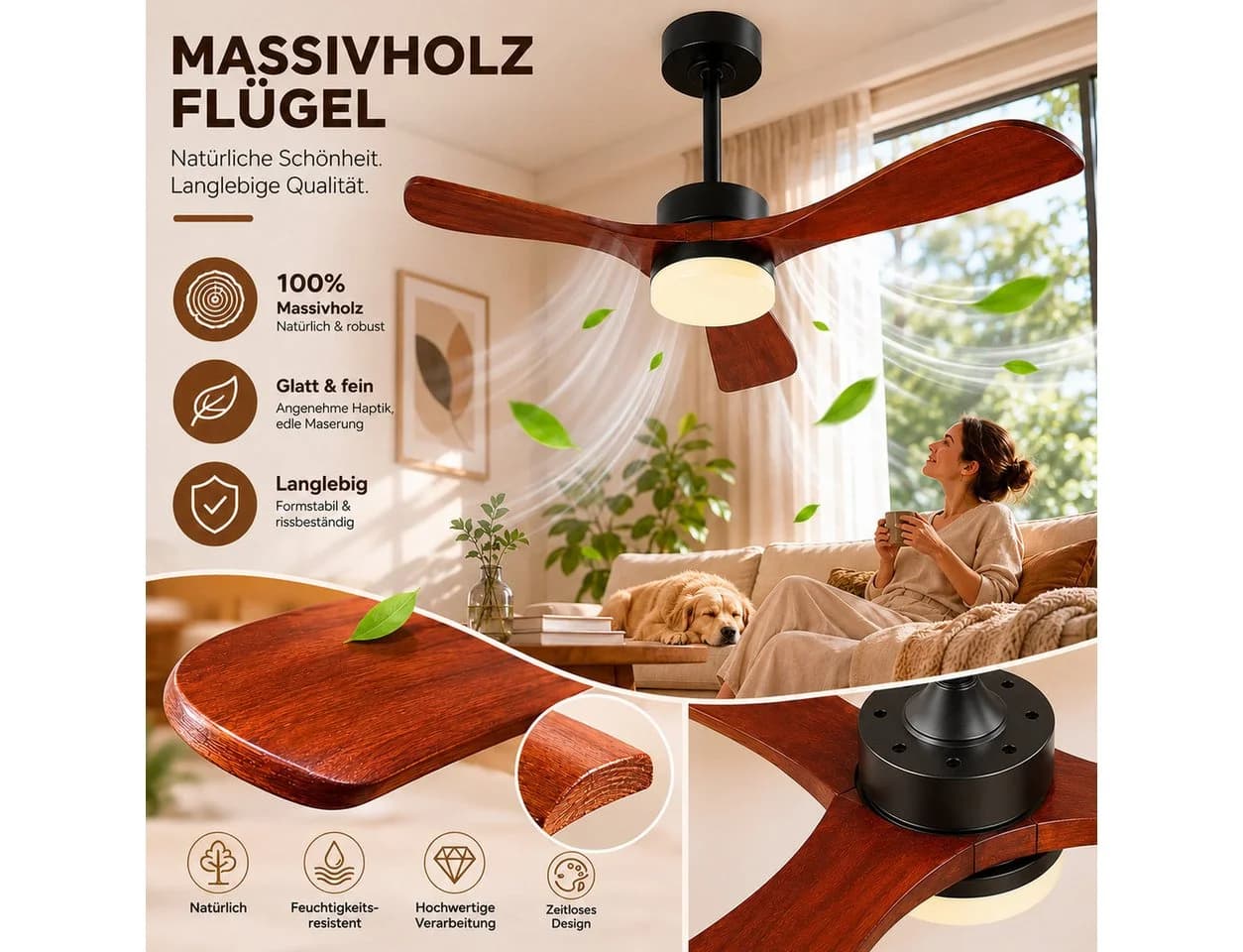 Lapalife Deckenventilator mit LED-Beleuchtung, 132 cm, Holzflügel, Schwarz - Bild 3