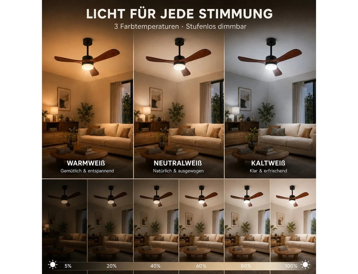 Lapalife Deckenventilator mit LED-Beleuchtung, 132 cm, Holzflügel, Schwarz - Bild 4