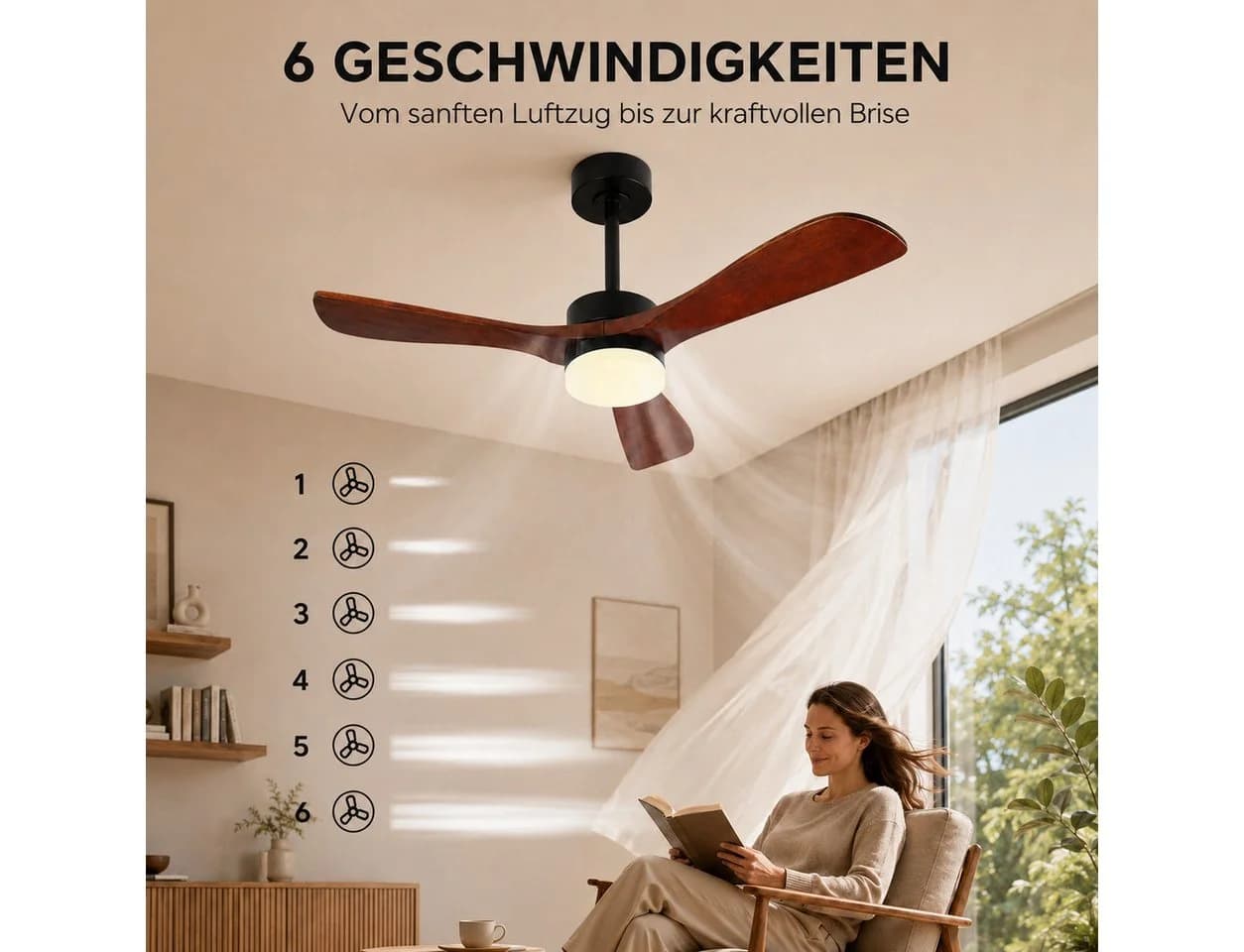 Lapalife Deckenventilator mit LED-Beleuchtung, 132 cm, Holzflügel, Schwarz - Bild 5