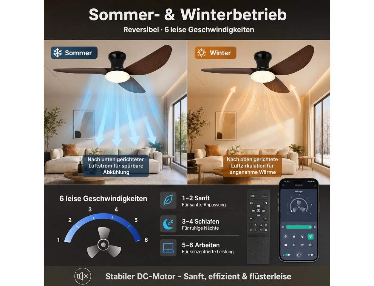 Rosnek Deckenventilator mit LED-Licht 100cm Schwarz Fernbedienung App - Bild 3