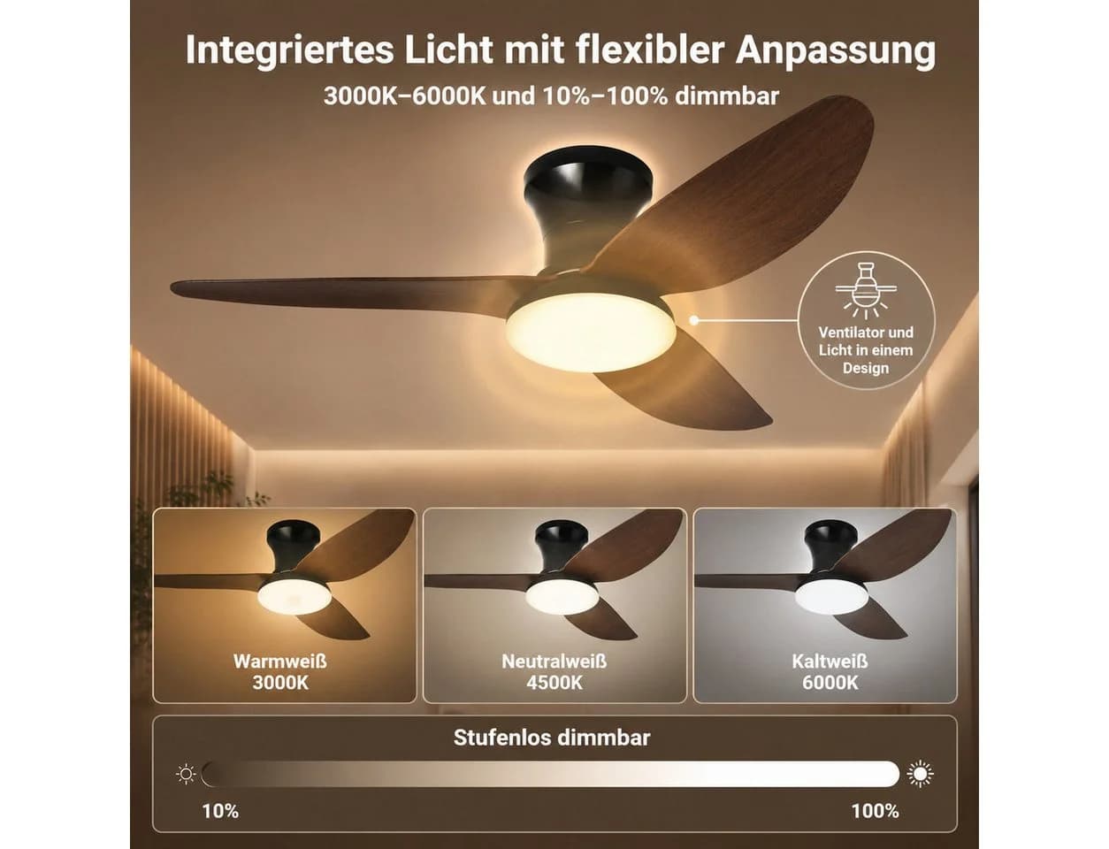 Rosnek Deckenventilator mit LED-Licht 100cm Schwarz Fernbedienung App - Bild 5