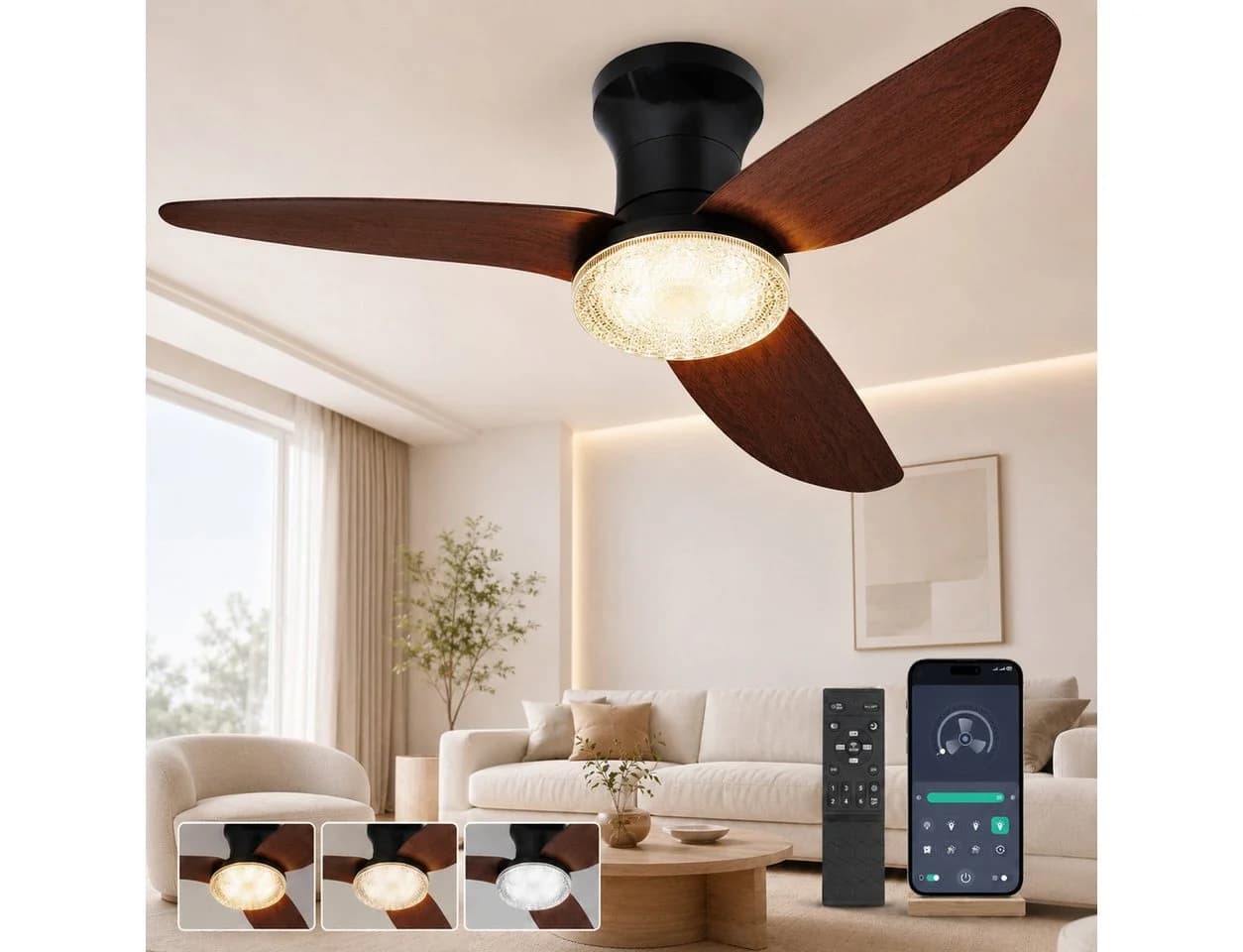 Rosnek Deckenventilator mit Licht Kristall-Lampenschirm dimmbar 100 cm - Bild 2