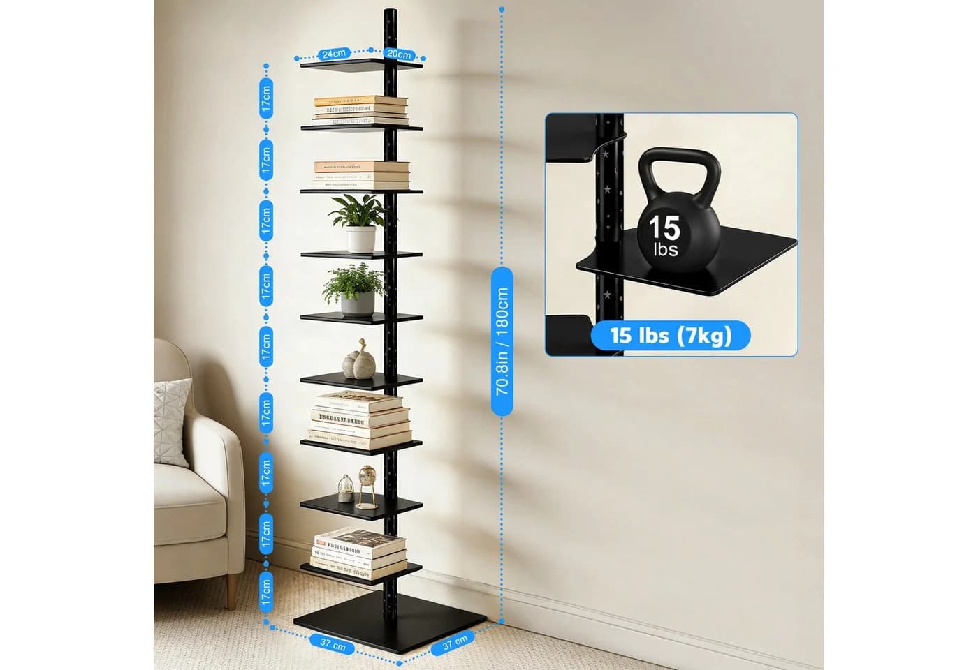 XIIW Bücherregal 1.8M LED Sternenlicht Standregal Drehbar Schwarz