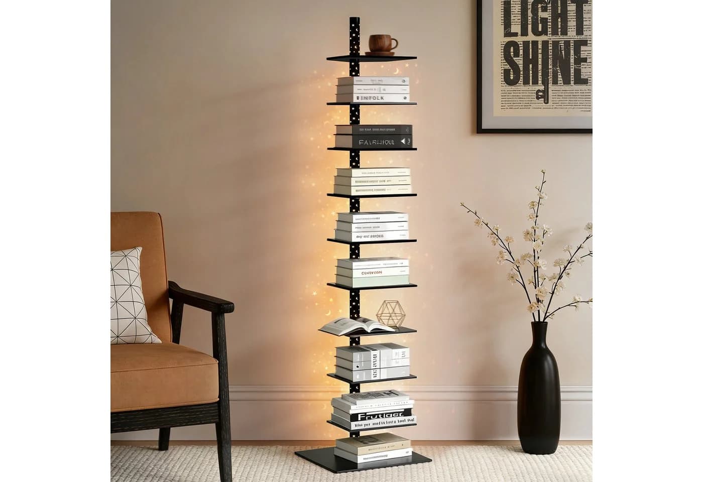 XIIW Bücherregal 1.8M LED Sternenlicht Standregal Drehbar Schwarz - Bild 2