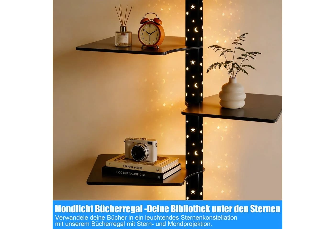 XIIW Bücherregal 1.8M LED Sternenlicht Standregal Drehbar Schwarz - Bild 3