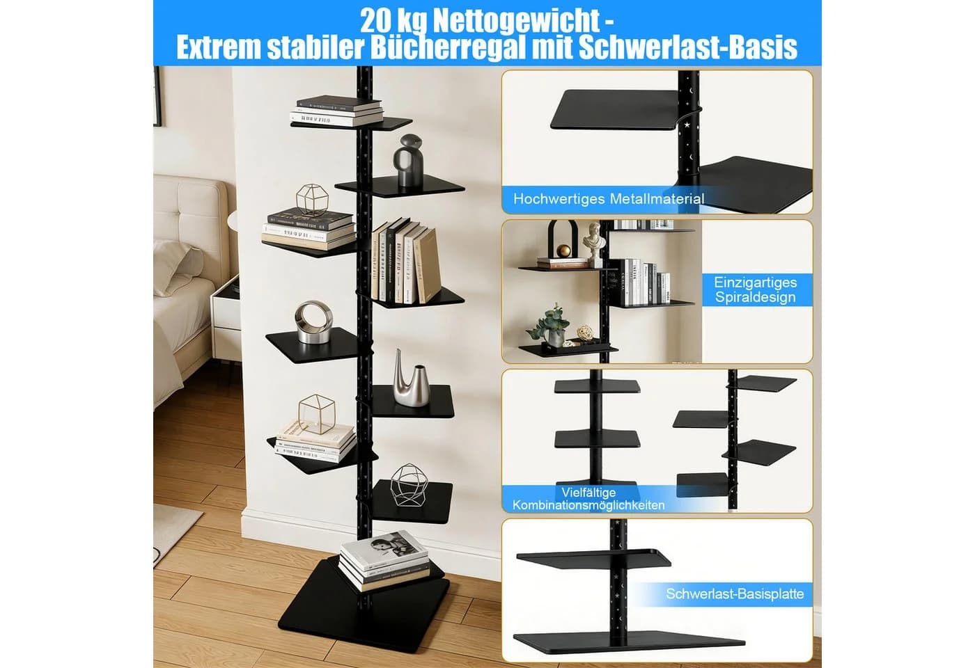 XIIW Bücherregal 1.8M LED Sternenlicht Standregal Drehbar Schwarz - Bild 4