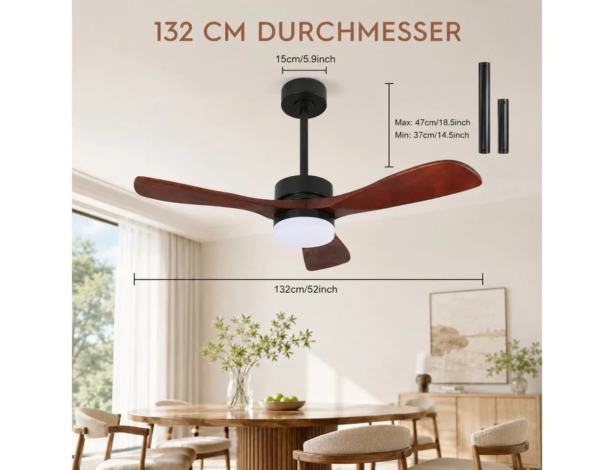 Lapamax Deckenventilator mit LED-Beleuchtung, 132 cm, Holzflügel, dimmbar