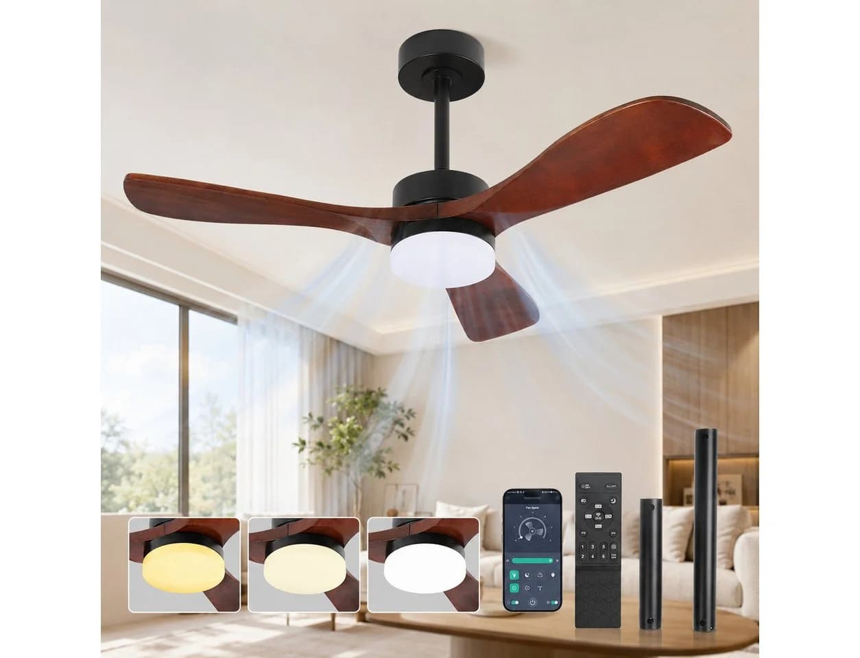 Lapamax Deckenventilator mit LED-Beleuchtung, 132 cm, Holzflügel, dimmbar - Bild 2
