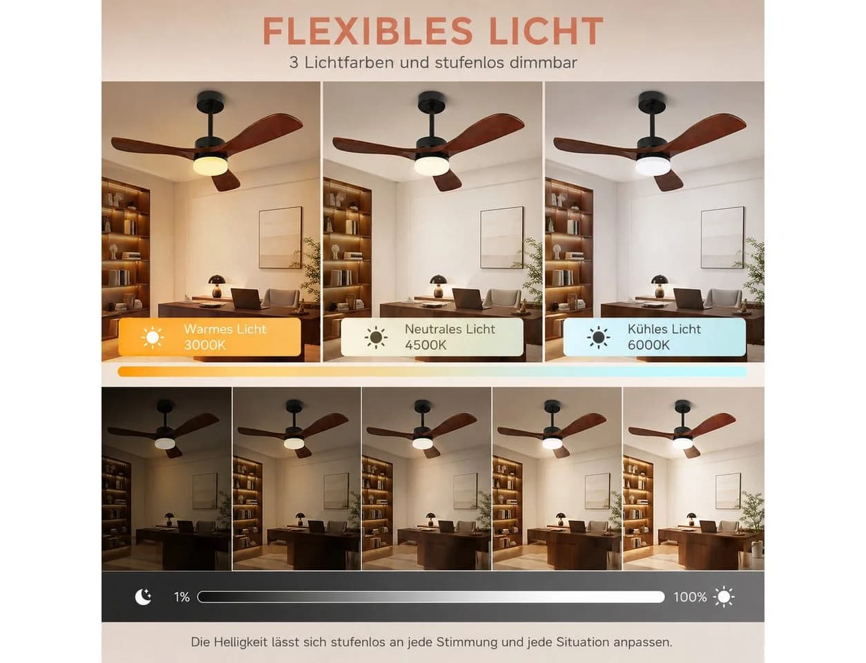Lapamax Deckenventilator mit LED-Beleuchtung, 132 cm, Holzflügel, dimmbar - Bild 4
