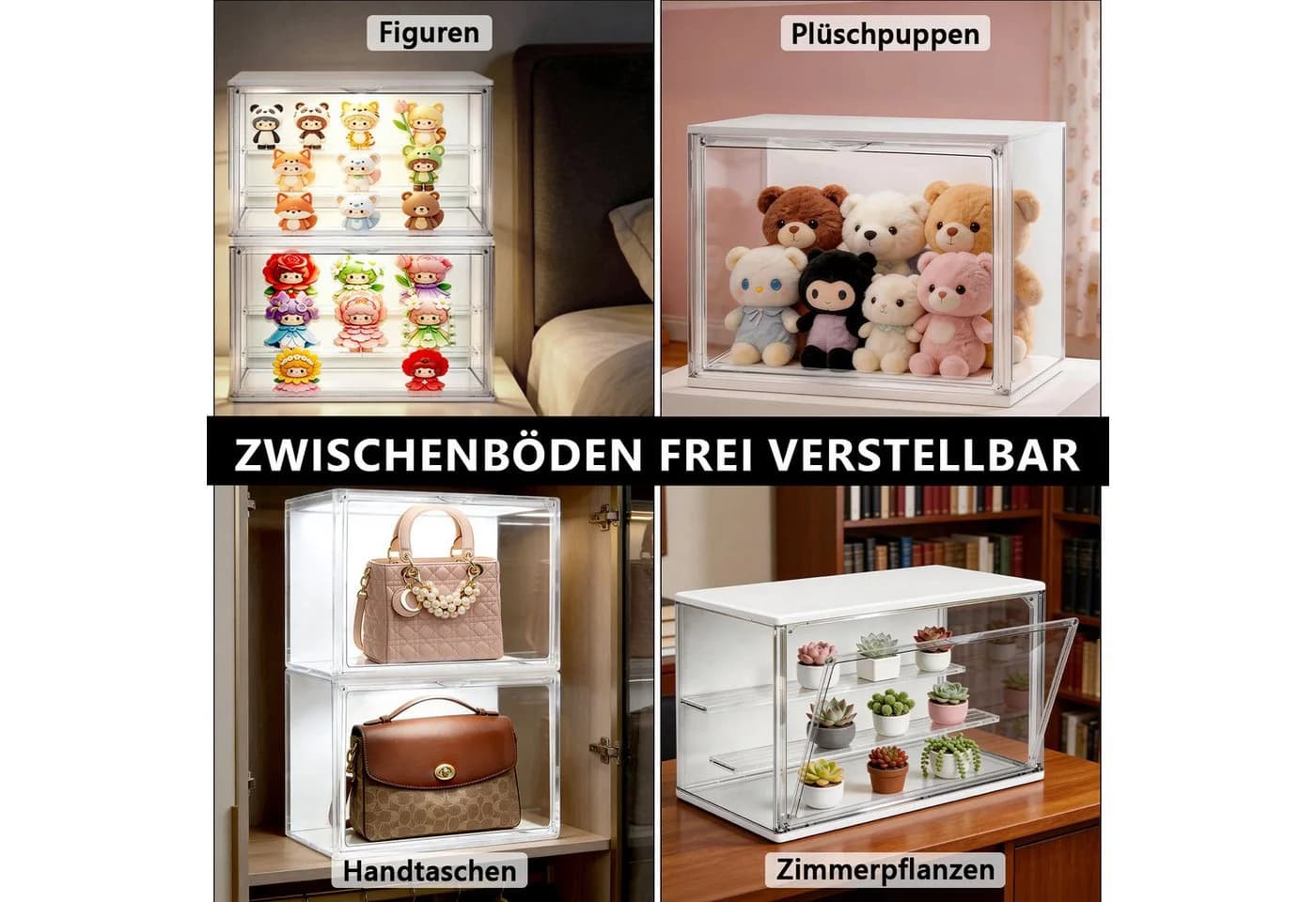 XERSEK Aufbewahrungsbox 3 Ebenen LED Vitrine Stapelbar