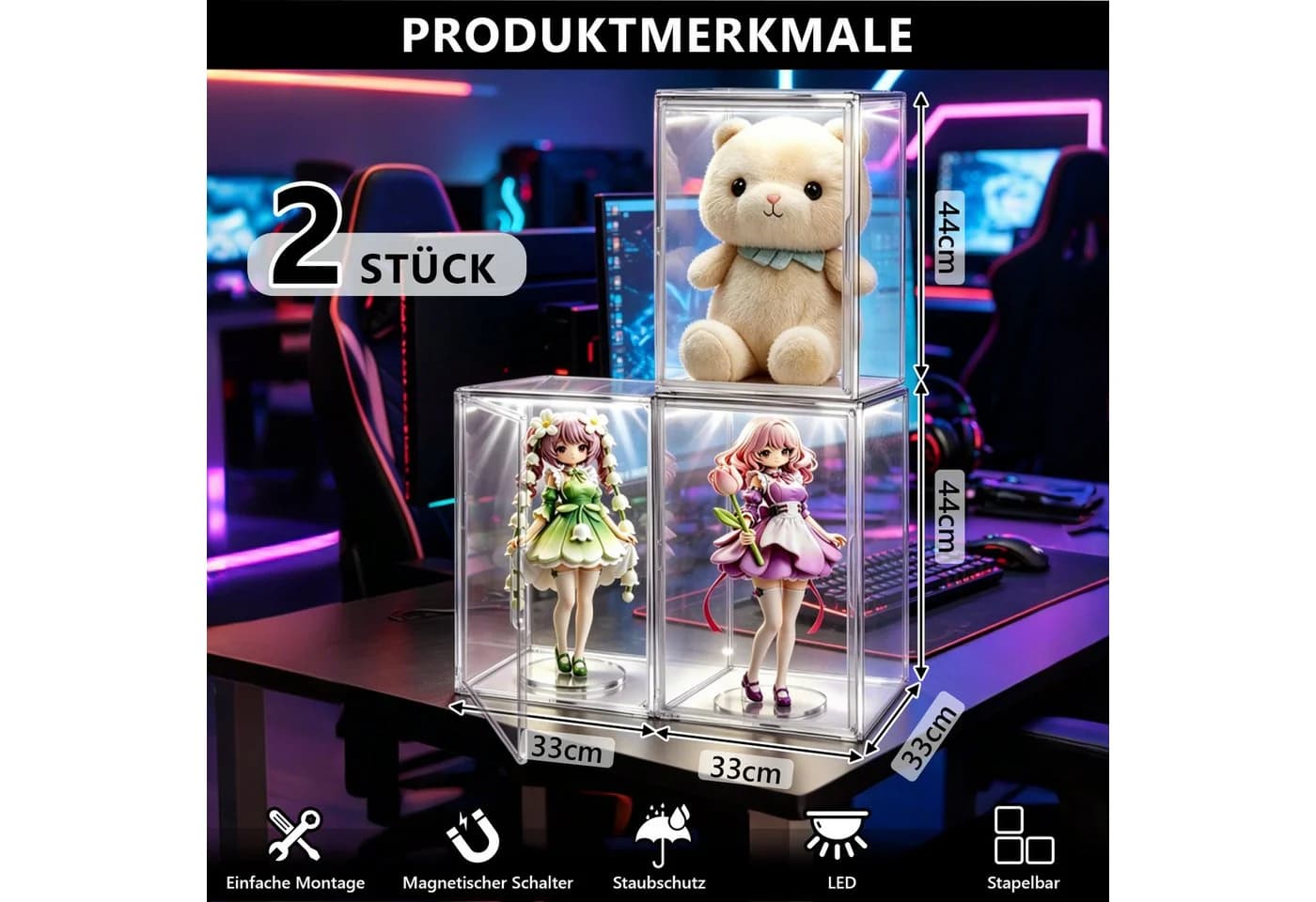 XERSEK Vitrine mit LED & Magnetklappe Transparente Acryl-Displaybox Stapelbar - Bild 4
