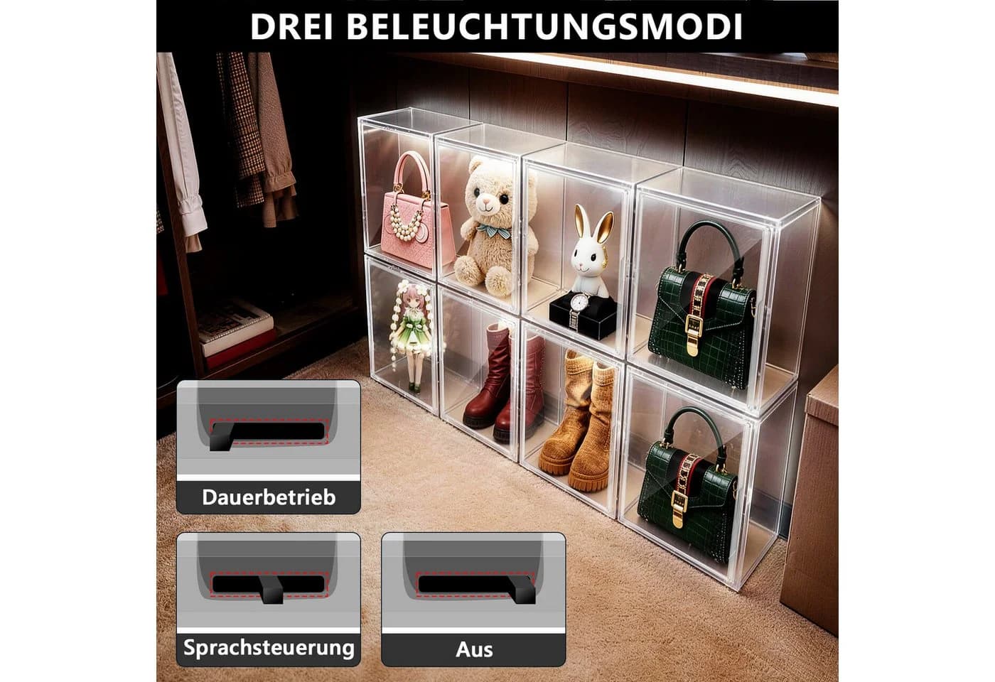 XERSEK Aufbewahrungsbox LED Acryl-Vitrine Transparent Stapelbar - Bild 5