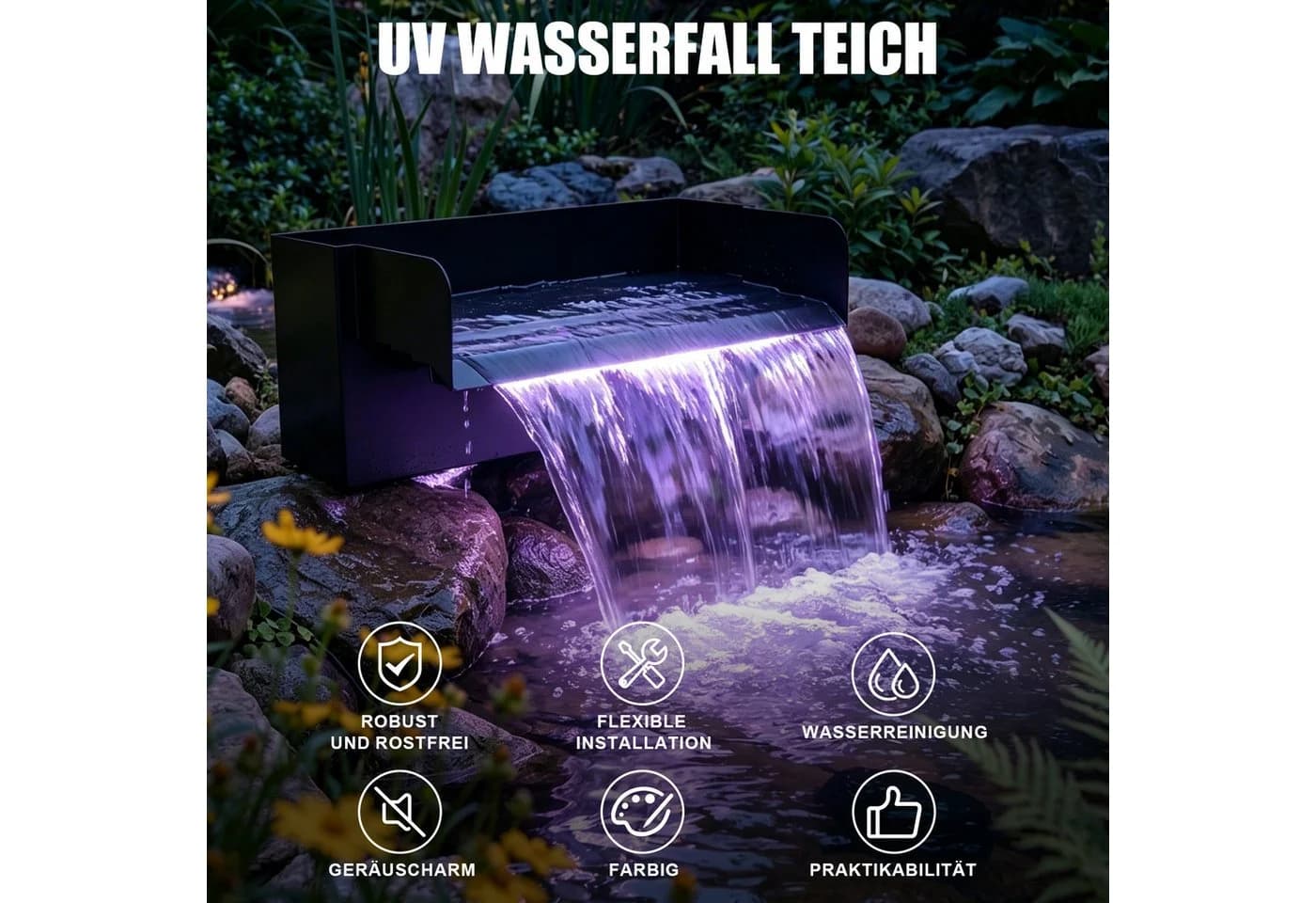 XIIW Wasserspiel LED Pool Wasserfall mit UVC-Lampe, 31 cm, Edelstahl, RGB - Bild 4